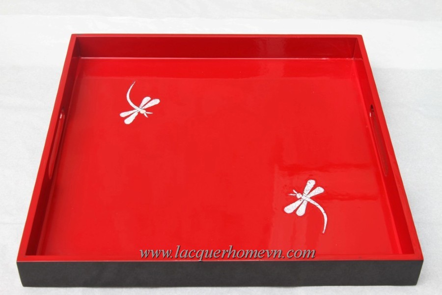 HT6752 Red lacquer tray with dragon fly eggshell inlay